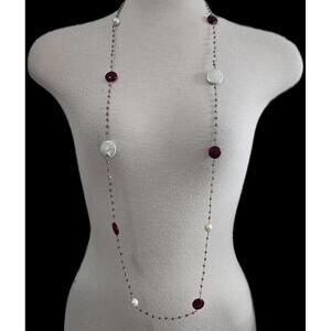 Mixed Pearl Station Necklace Baroque Coin Pearl Freshwater Red Glass Long Opera